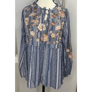 Embroidered‎ Babydoll Top Bell Sleeve Peplum Boho Tunic
